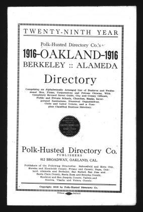 A scanned image of a page from a printed trade directory: leaf 12 of Polk-Husted Directory Co.'s Oakland, Berkeley, Alameda Directory. The image shows the printed page itself; its text is not reproduced in this description.