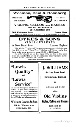 A scanned image of a page from a printed trade directory: leaf 33 of The Violinist's Guide: Written for the Use of the Violin Buying Public. The image shows the printed page itself; its text is not reproduced in this description.