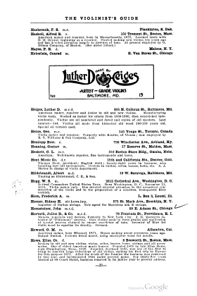 A scanned image of a page from a printed trade directory: leaf 34 of The Violinist's Guide: Written for the Use of the Violin Buying Public. The image shows the printed page itself; its text is not reproduced in this description.