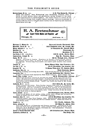 A scanned image of a page from a printed trade directory: leaf 38 of The Violinist's Guide: Written for the Use of the Violin Buying Public. The image shows the printed page itself; its text is not reproduced in this description.