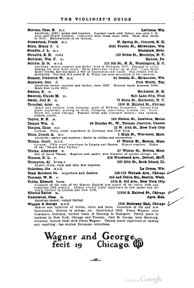 A scanned image of a page from a printed trade directory: leaf 45 of The Violinist's Guide: Written for the Use of the Violin Buying Public. The image shows the printed page itself; its text is not reproduced in this description.