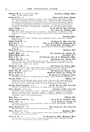 A scanned image of a page from a printed trade directory: page token PA26 of The Violinist's Guide: Written for the Use of the Violin Buying Public. The image shows the printed page itself; its text is not reproduced in this description.