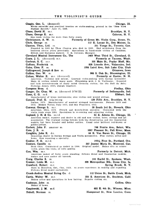 A scanned image of a page from a printed trade directory: page token PA29 of The Violinist's Guide: Written for the Use of the Violin Buying Public. The image shows the printed page itself; its text is not reproduced in this description.