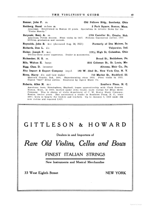 A scanned image of a page from a printed trade directory: page token PA49 of The Violinist's Guide: Written for the Use of the Violin Buying Public. The image shows the printed page itself; its text is not reproduced in this description.